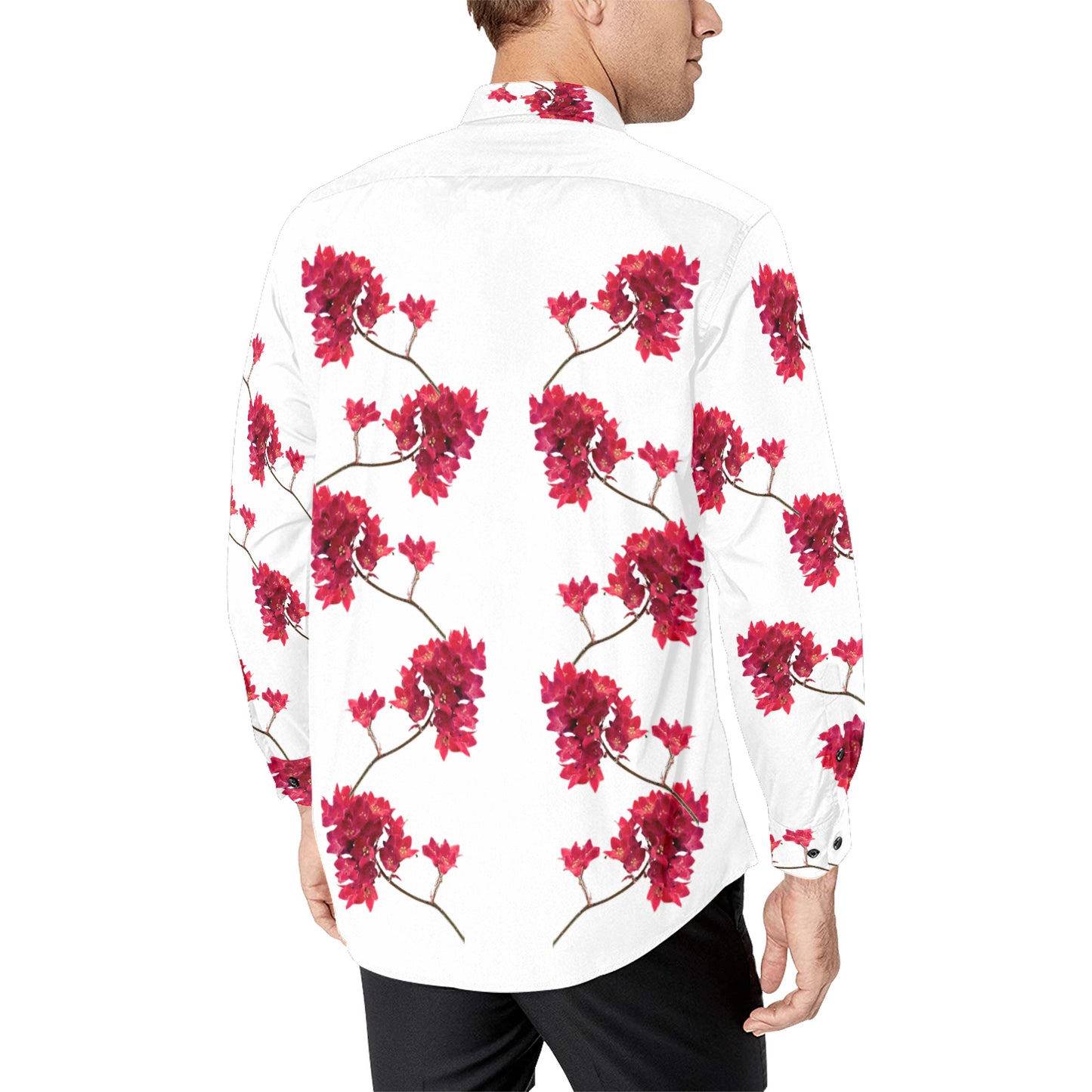 Red cluster of Flowers Print Mens Long Sleeve Shirt