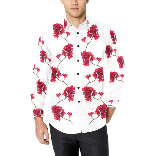 Red cluster of Flowers Print Mens Long Sleeve Shirt